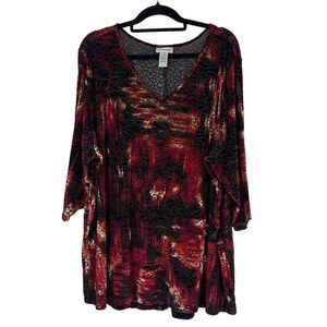 Catherines Womens Velvet Burnout Tunic Top Size 3X Dark Floral 3/4 Sleeve V Neck